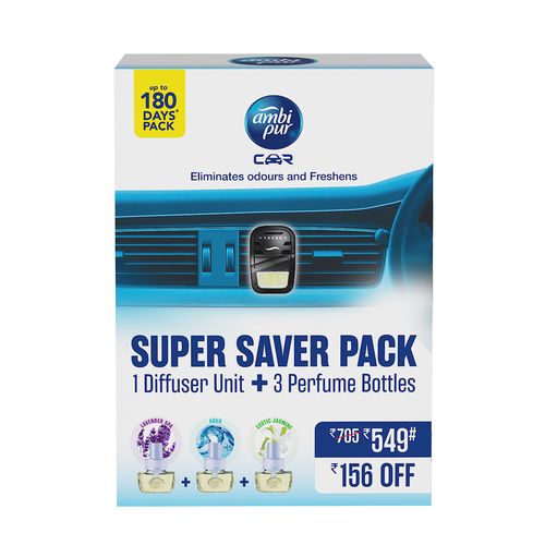 Ambi pur Car Freshener Super Saver Pack of 3 - Fragrance Aqua + Lavender Spa + Exotic Jasmine, 1 pc