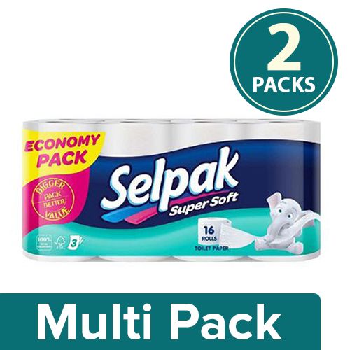 Selpak Imported Toilet Tissue Paper - Supersoft, Plain Large Economical Pack 3Ply, 2x16 Rolls ( Multipack )