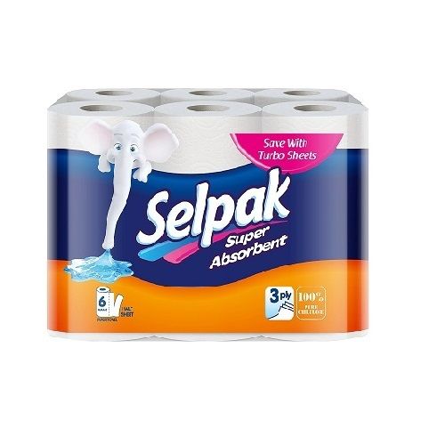 Selpak IMPORTED - 3Ply Kitchen Towel Super Absorbent Paper Tissue Roll, 6 Rolls ( 540 Sheets )