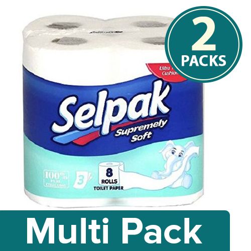 Selpak Imported Toilet Tissue Paper - Supremely Soft, Plain 3Ply, 2x8 Rolls ( Multipack )